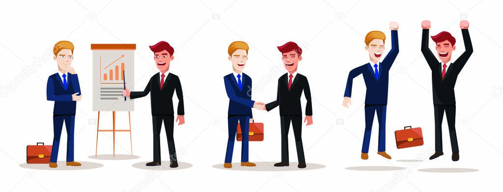 Set of business people at work, diverse situations. Businessman present project, work process, meeting and jumping for success work. Character vector illustration.