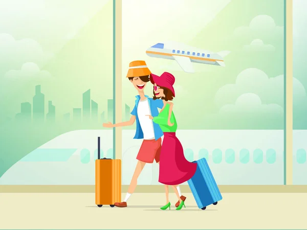 Traveling couple of young people. Man and woman with luggage are go in the airport building. Vector illustration in cartoon style — Stock Vector