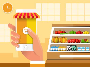 E-ticaret, elektronik iş, alışveriş online, ödeme, teslimat, Sevkiyat işlemine, bakkal dükkanında satış. Infographic kavramı vektör.