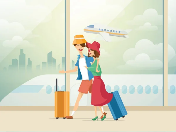 Traveling couple of young people. Man and woman with luggage are go in the airport building. Vector illustration in cartoon style. — Stock Vector