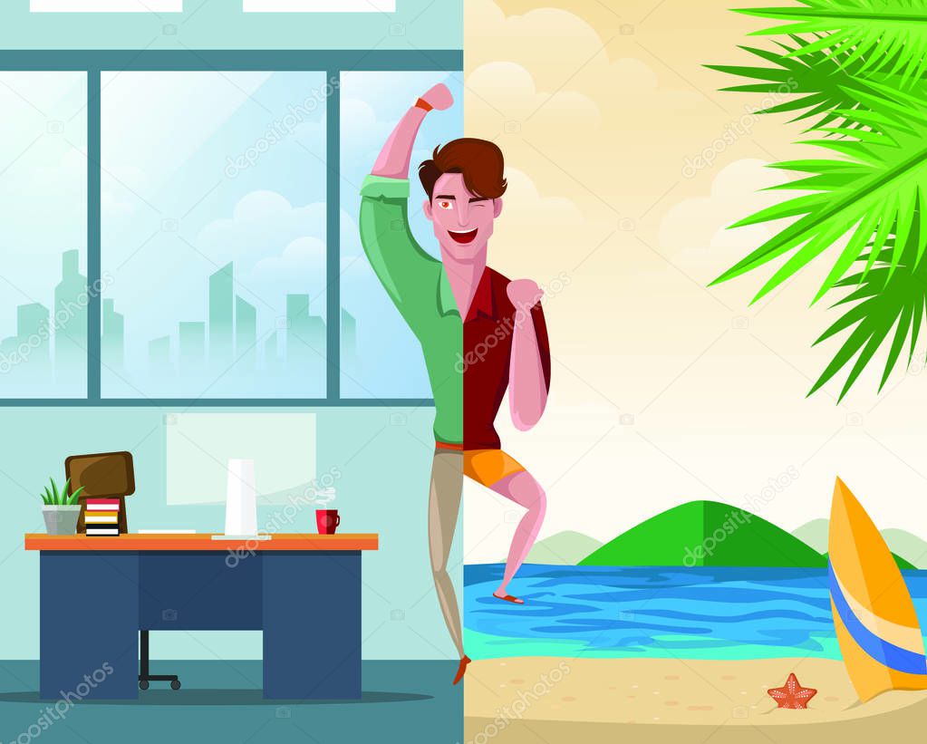Handsome man happy going to work while the other one going on a vacation concept. Character vector illustration