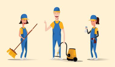 Temizlik hizmeti çizgi film karakterleri üzerinde sarı arka plan izole gülümseyerek. Tek tip vektör çizim düz bir tarzı giyimli kadın ve erkek