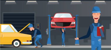 Araba tamir bakım autoservice Merkezi garaj izometrik görünümü iç mekaniği test ile araç vektör çizim kaldırdı.