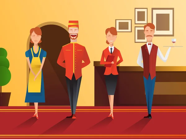 Karakter van het hotelpersoneel plat kleurovergang glimlachend samenstelling met receptioniste, Ober, portier en maid vector illustratie — Stockvector