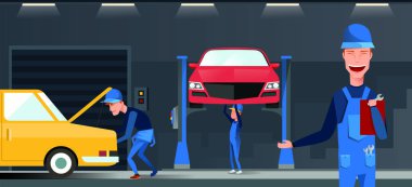 Araba tamir bakım autoservice Merkezi garaj izometrik görünümü iç mekaniği test ile araç vektör çizim kaldırdı.