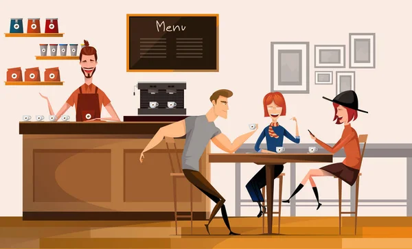 People in modern coffee shop or cafe in Center University Campus Modern Workplace Interior Flat Vector Illustration. - Stok Vektor