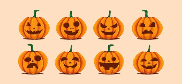 Halloween pompoenen in vector met instellen van verschillende gezichten voor pictogrammen en decoraties in de lichte achtergrond. Vectorillustratie. — Stockvector
