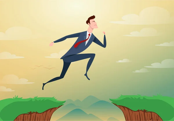 Zakenman springen door de belemmeringen van de kloof tussen hill aan succes. Lopen en springen over kliffen. Bedrijfsconcept risico en succes. Cartoon vectorillustratie. — Stockvector