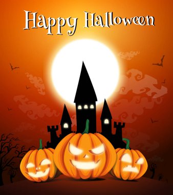Mutlu Halloween gece arka plan koyu Kalesi ve kabaklar, vektör çizim ile.