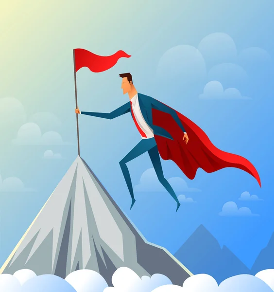 Супер Бізнесмен літає на вершині гори з прапором успіху. Векторні ілюстрації — стоковий вектор