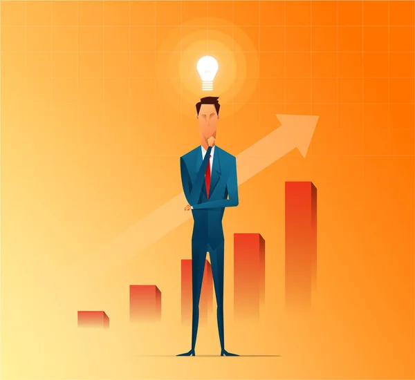 Empresario pensar y conseguir ideas para el éxito de negocios, dibujos animados plano vector de fondo — Vector de stock