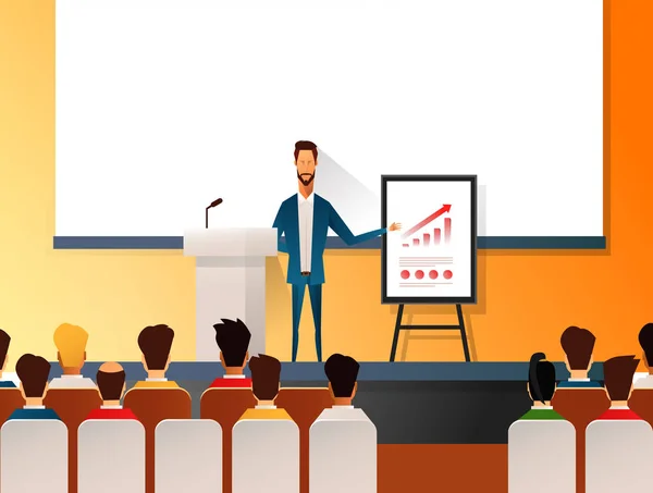 Seminarsprecher, der Präsentationen und professionelle Schulungen über Marketing, Vertrieb und E-Commerce durchführt. Flat Vector Illustration der Präsentationskonferenz und Motivation für das Business-Publikum. — Stockvektor