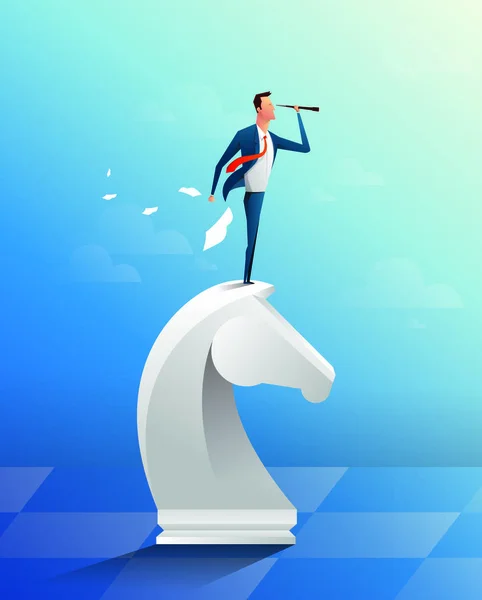 Podnikatel na vrcholu šachová figurka koně pomocí dalekohledu při pohledu na úspěch, příležitosti, budoucí obchodní trendy. Úspěšné obchodní strategie koncepce. Kreslené vektorové ilustrace. — Stockový vektor