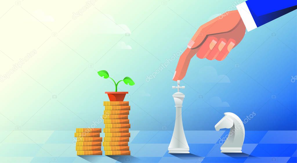 Man plays chess in the form of world currencies. Stock exchange and making money. Strategy and development of broker business. Vector illustration.