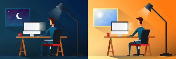 Vida de negocios o diseñador trabajador adicto al trabajo en la oficina ilustración vectorial escena día y noche — Vector de stock