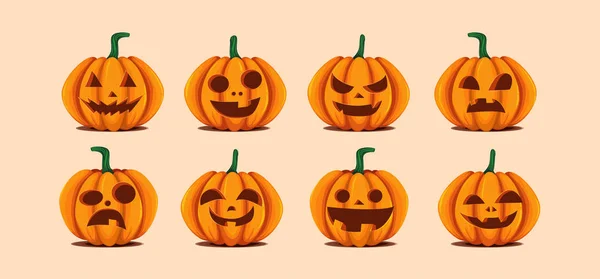 Calabazas de Halloween en vector con un conjunto de diferentes caras para iconos y decoraciones en fondo naranja brillante. Ilustración vectorial . — Archivo Imágenes Vectoriales