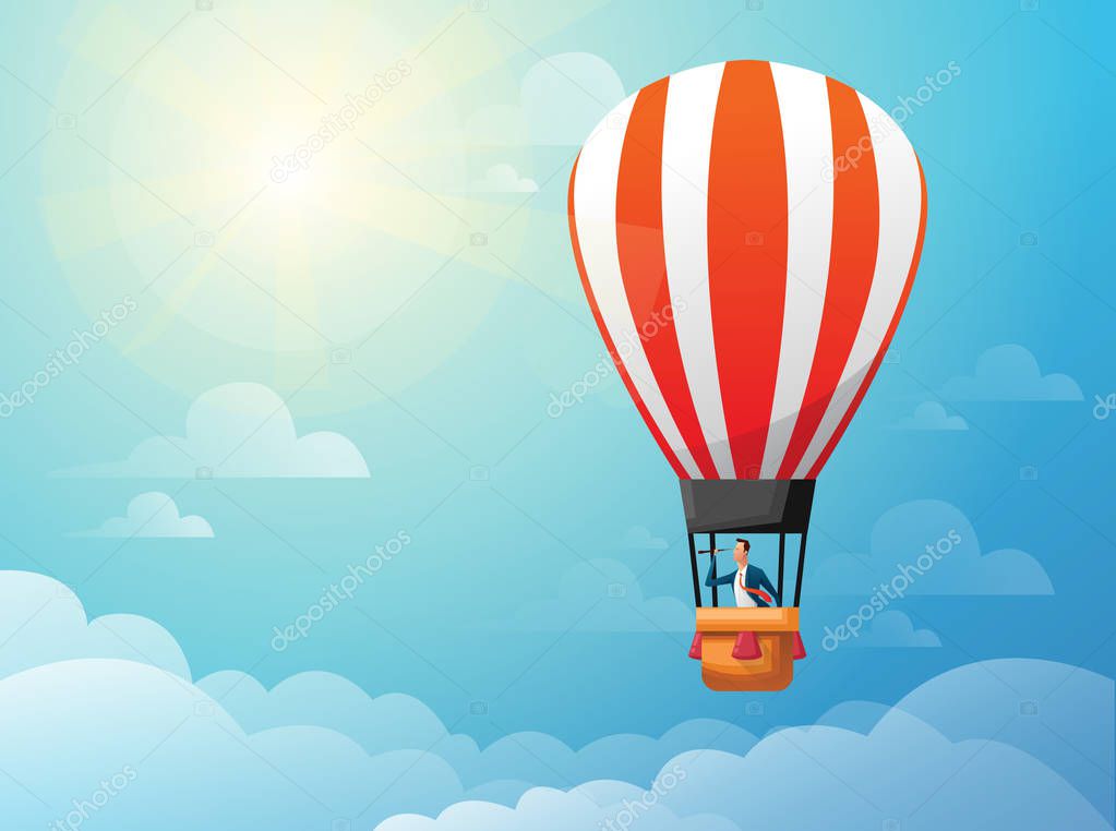 Businessman in hot air balloon search to success in bright day. Business concept.