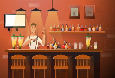 Vektör afiş ile iç sayaç bar, bar sandalye ve raf alkol ile. Barmen sayaç çalışır. Yakışıklı barmen kokteyl yapar
