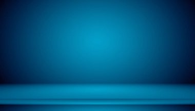 Metin ve resim alanı olan mavi degrade arka plan boş oda