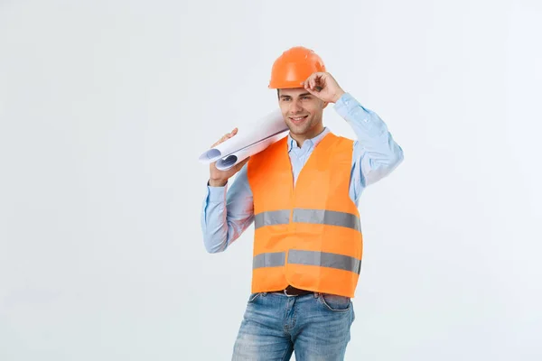 Professional young engineer with blueprint, isolated on white — Stock Photo, Image