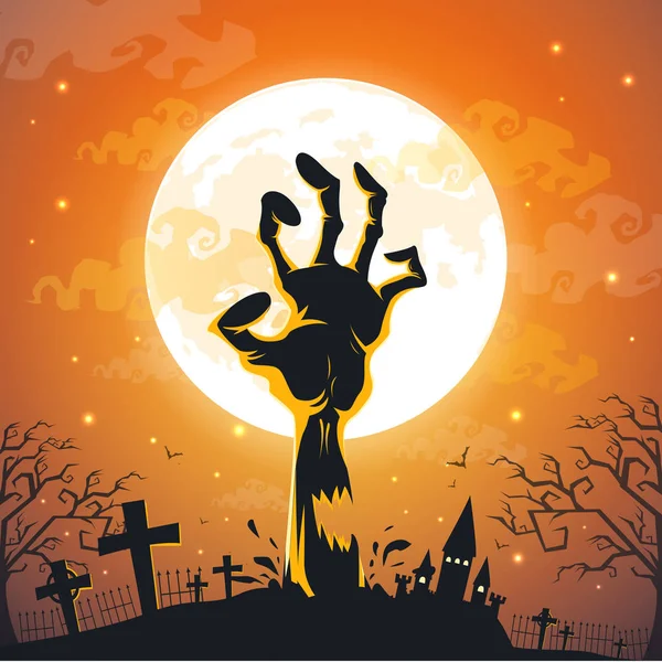 Halloween tło z zombie ręce na pełni księżyca. — Wektor stockowy