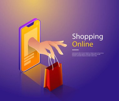Mobil alışveriş düz vektör kavramı. Alışveriş çanta bulut ve müşteriler ile teslim adamın elini