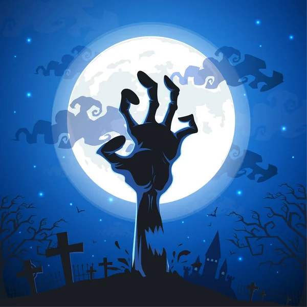 Fondo de Halloween con manos zombies en luna llena . — Vector de stock