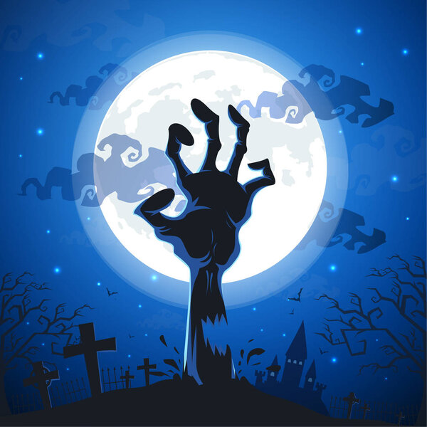 Halloween background with zombie hands on full moon.