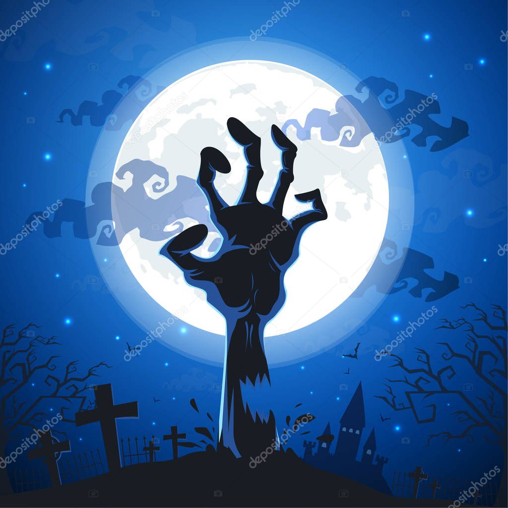 Halloween background with zombie hands on full moon.
