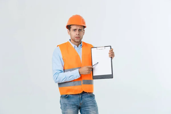 Frustrated Young Engineer Hardhat Reflective Vest Checking Mistake Document Gray — Stock Photo, Image