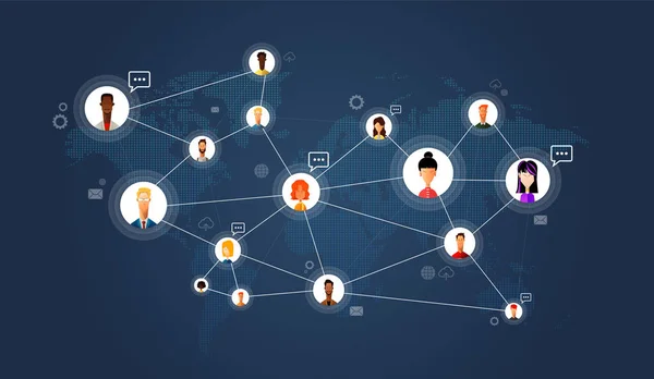 Soziales Netzwerk, Menschen, die sich auf der ganzen Welt verbinden. Vektorflache Illustration. — Stockvektor