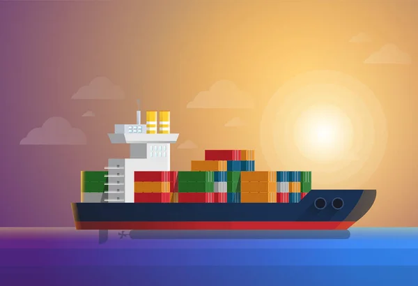 Kargo konteyner gemisi mavi okyanus, konteyner taşımaları. Düz ve katı renk stil vektör çizim — Stok Vektör