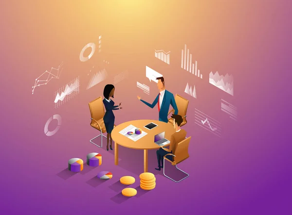 İş arkadaşlarınızla office konseptiyle karakter. Freelancer kavramı, insan, yaratıcı iş kadını için CEO'su iş çalışma alanı coworking. Çalışan alan işadamları için ayakta. Düz izometrik çizimde