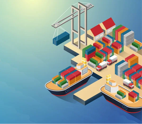 Veduta aerea del lungomare portuale e del terminal marittimo con container ship loading isometric poster abstract vector illustration — Vettoriale Stock