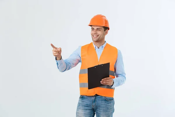 Engineers examining documents on clipboard isolated over white background. — Stock Photo, Image