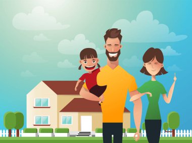 Evinin mutlu aile içinde belgili tanımlık geçmiş. Baba, anne ve kızı birlikte açık havada. Düz stil vektör çizimler
