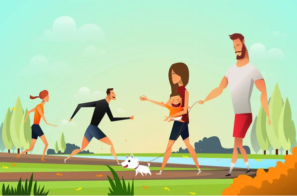Jovem família feliz com um cachorrinho no parque e jovens casais caminhando. O pai e a mãe no parque. Paisagem exterior . — Vetor de Stock