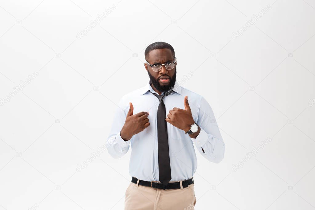 African American businessman doing surprise gesture on white background