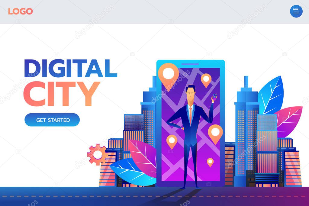 Landing Page Template. Mobile navigation concept vector illustration. Man standing in front of smartphone with gps city map on screen and route. Check-in symbols. Flat design.
