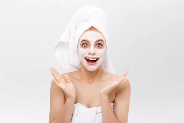 Beautiful woman with facial mask on white background — Stock Photo, Image