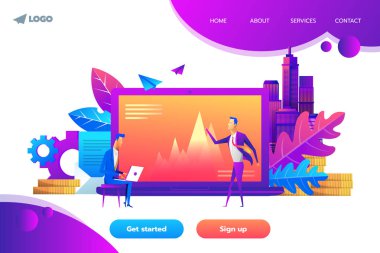 Açılış sayfası şablonu. İş kavramı. İş adamı yatırımcı için mevcut mobil uygulama. Şube Müdürlüğü - vektör çizim