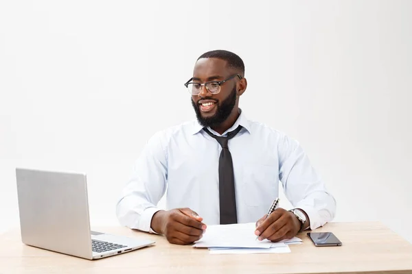 Cheerful big smile from happy executive office workplace isolate over white background