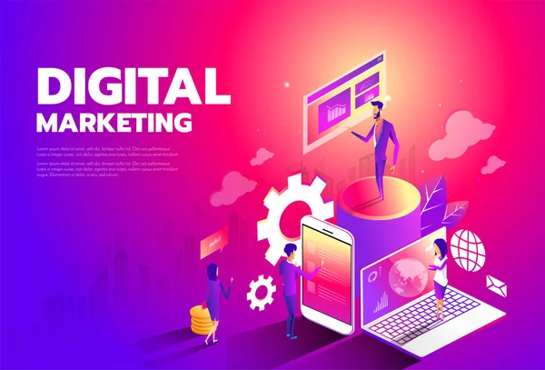 Isometrisches Design - Content Marketing Strategie, digitales Marketing, Content Sharing Flat Vector Banner. — Stockvektor