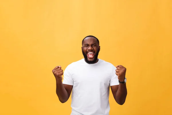 Handsome young Afro-American man employee feeling excited, gesturing actively, keeping fists clenched, exclaiming joyfully with mouth wide opened, happy with good luck or promotion at work