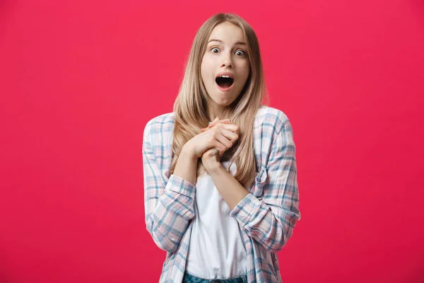 Close up studio photo portrait of attractive woman with open mouth making crazy astonished emotion expression isolated bright pink background — Stock Photo, Image