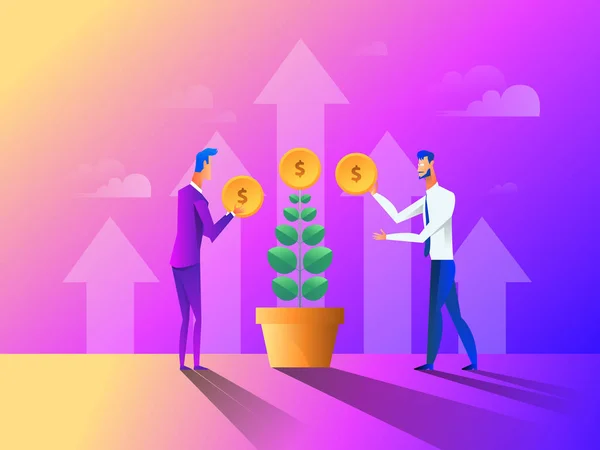 Business concept in flat design. People gathering, planting and caring money for your money tree. Vector illustration — Stock Vector