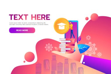 Düz Isometric Education Online vektör tasarımı konsepti. Eğitim öğrenme simgesi tutan adam