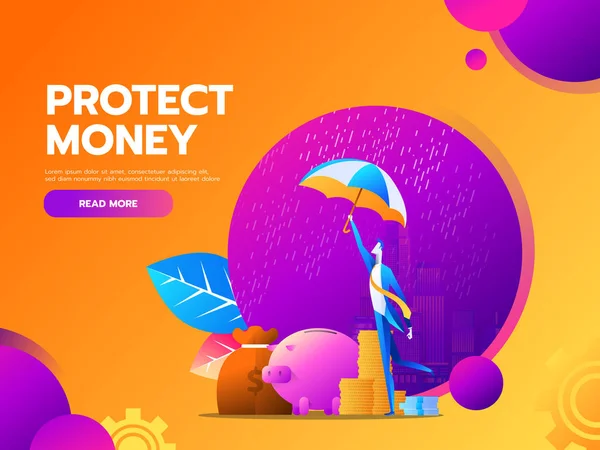 Flat vector business financial and money protection concept with business man κρατήστε ομπρέλα. — Διανυσματικό Αρχείο