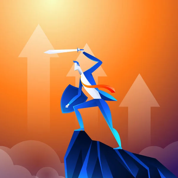 Concepto de vector isométrico plano. Un hombre de negocios que parece un superhéroe está mostrando espada en la montaña. — Vector de stock