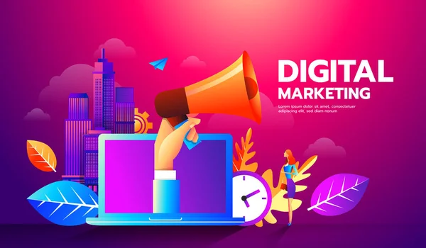 Illustrazione moderna in stile piatto di megafono e icone diverse per il concetto di marketing digitale. — Vettoriale Stock